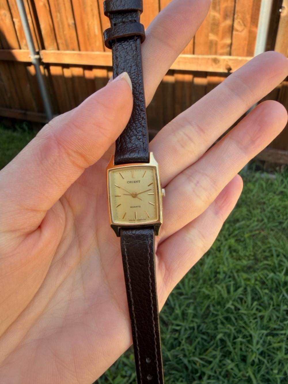 Orient Women's Gold-Tone Square Face Quartz Watch with Brown Leather Strap